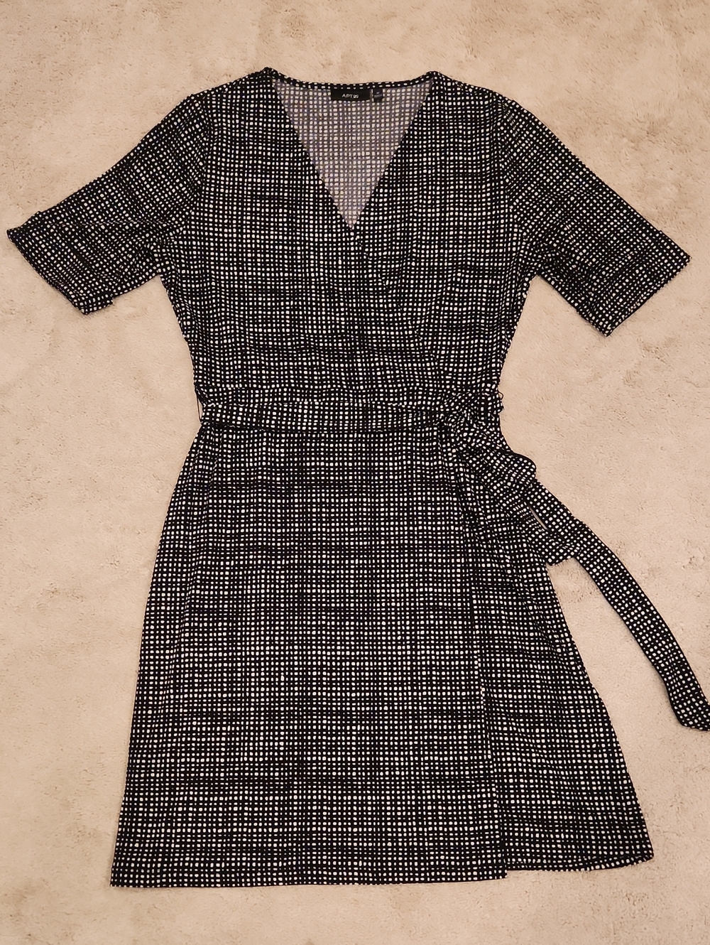 Black & White Polka-Grid Wrap Midi Dress